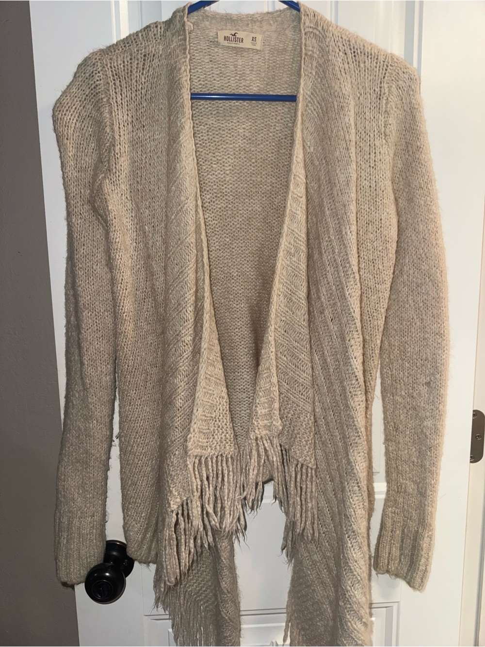Hollister Cream Open-Front Fringe Knit Cardigan